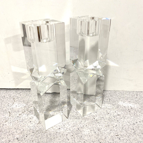 Vintage 1980s Oleg Cassini Lexington Crystal Candlestick Holders Clear Geometric - Picture 3 of 11
